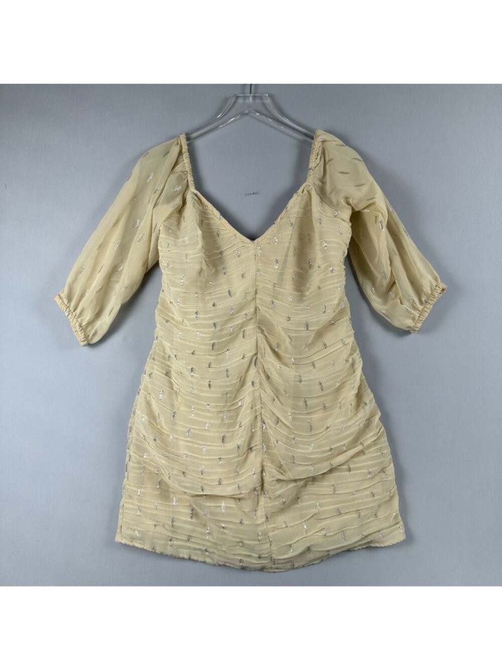 H&M Mini Dress Size Large Beige Ruched Metallic Chiffon V Neck Puff Sleeves - Picture 4 of 14